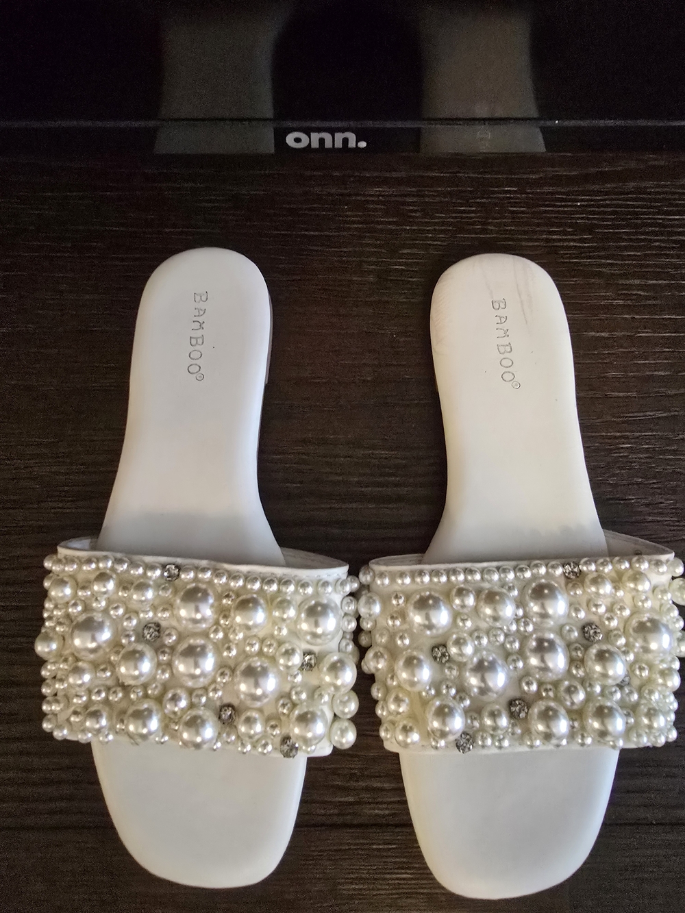 Bamboo Pearl-Embellished White Slide Sandals - Bamboo